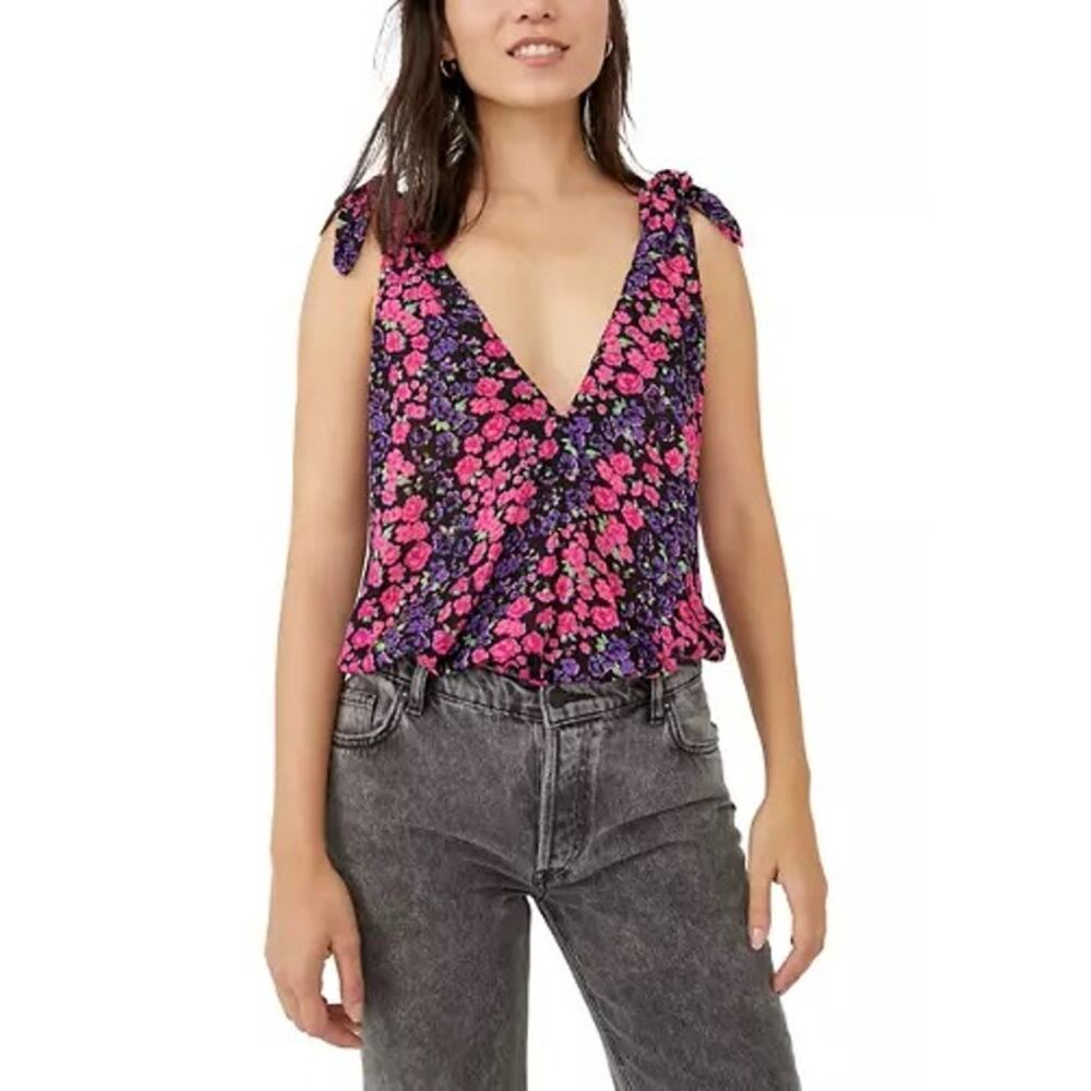 Free People | NWT Bare It All Purple Pink Floral Shoulder Tie Lace Tank Bodysuit - Picture 3 of 14